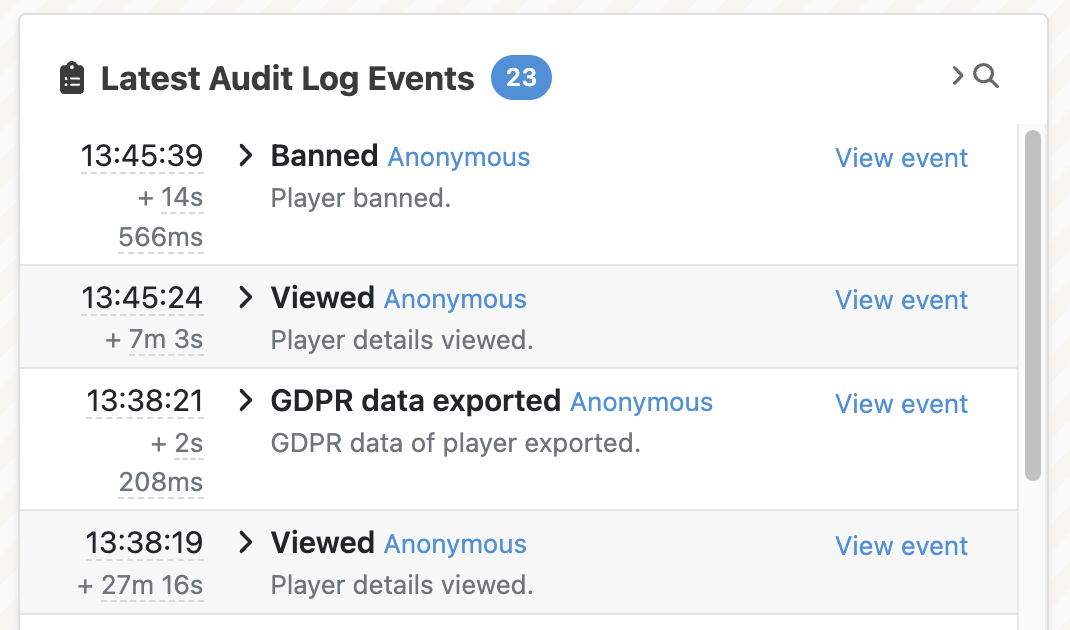 Most pages, like player details, have an audit log timeline to keep track of the latest admin events.