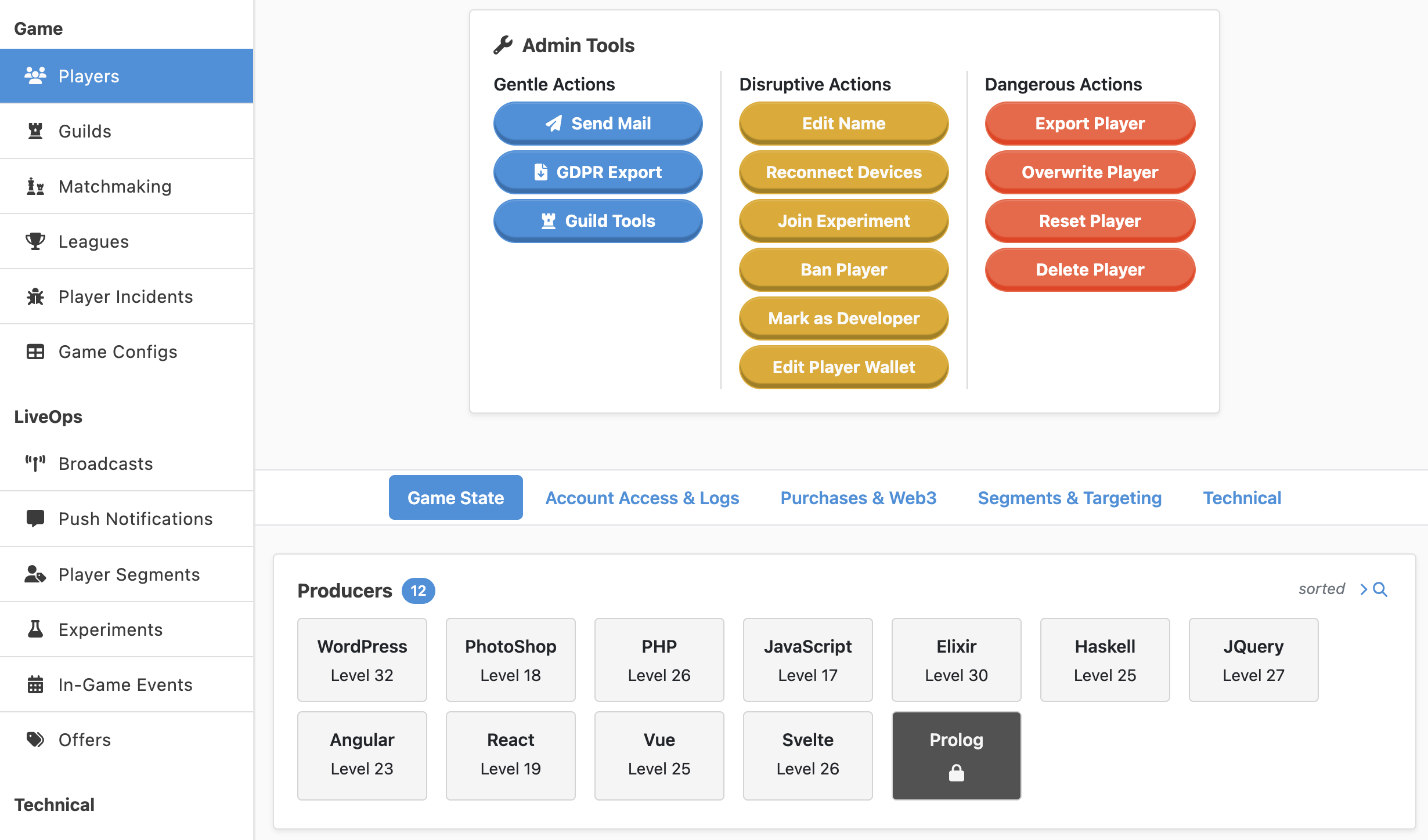 The default tabs' contents are Game State, Account Access & Logs, Purchase & Web3, Segments & Targeting, and Technical.