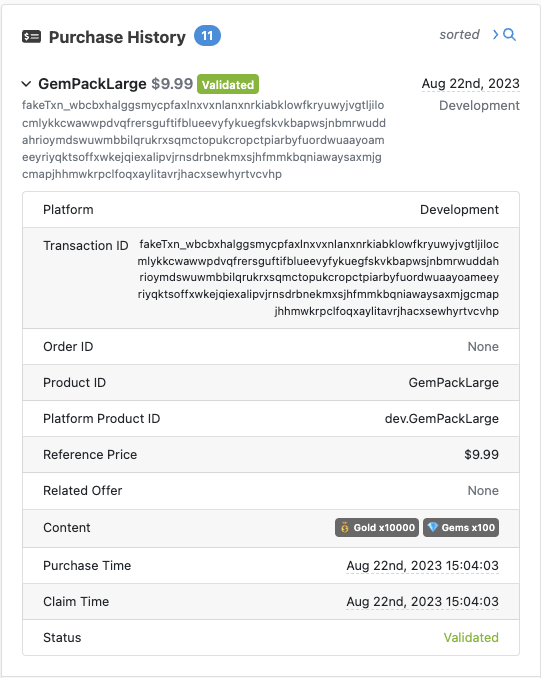 Here is an example of purchase history including the price, product and reward contents that the player purchased.