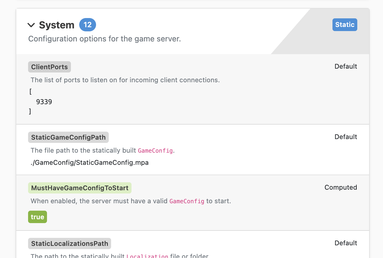 Here we have expanded a section that corresponds to the SystemOptions class. Each configuration option includes a value and its description. Note the Static badge, indicating that this class does not enable hot-loading. If it were, the badge would read Dynamic instead.