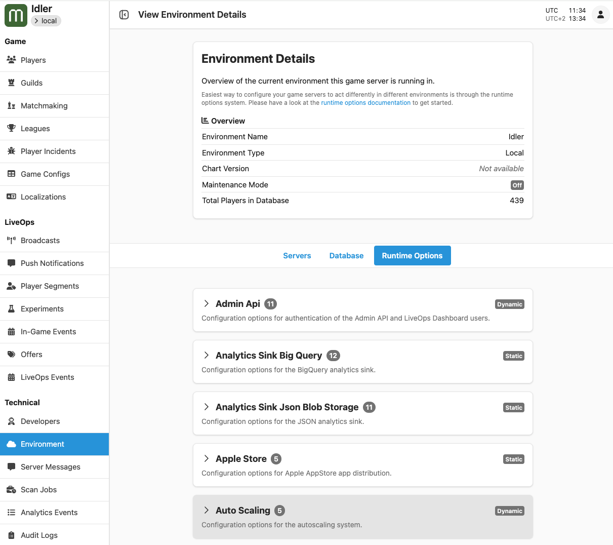 You can find the Runtime options in the last tab of the Environment page on the LiveOps Dashboard. Note the descriptions that we talked about earlier.