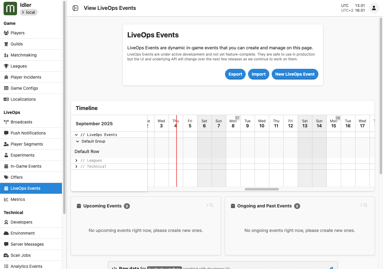 The LiveOps Events main page, with empty lists initially.