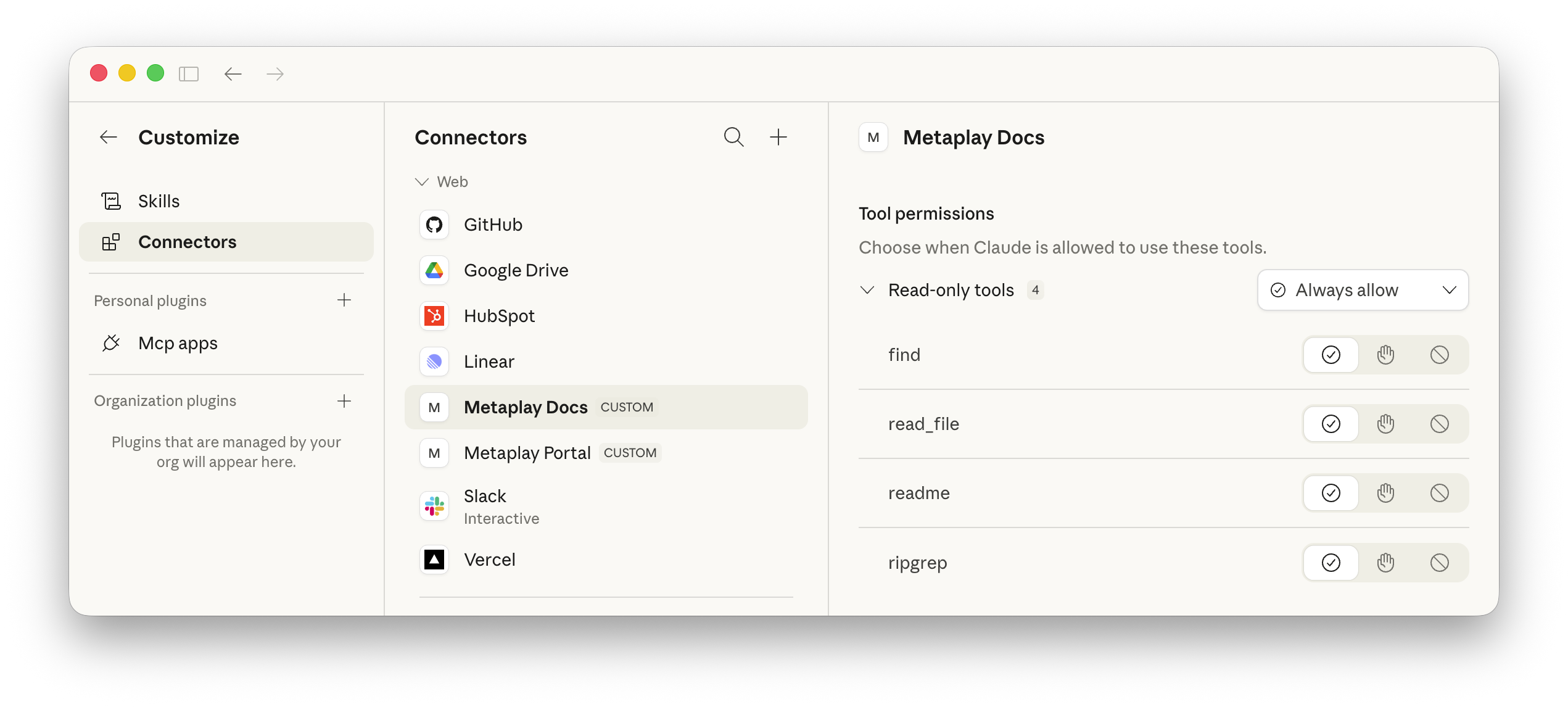Metaplay Docs MCP server setup in Claude