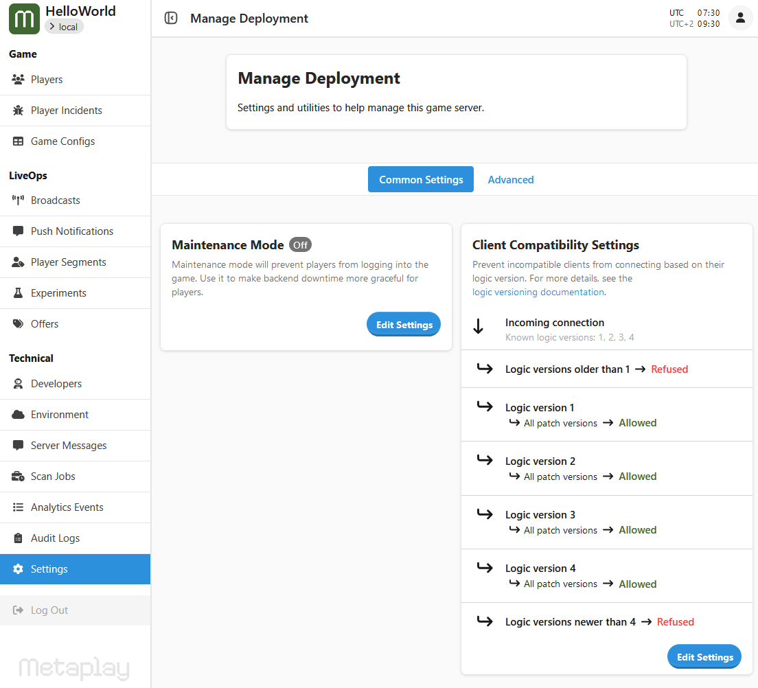 The LiveOps Dashboard Common Settings Tab