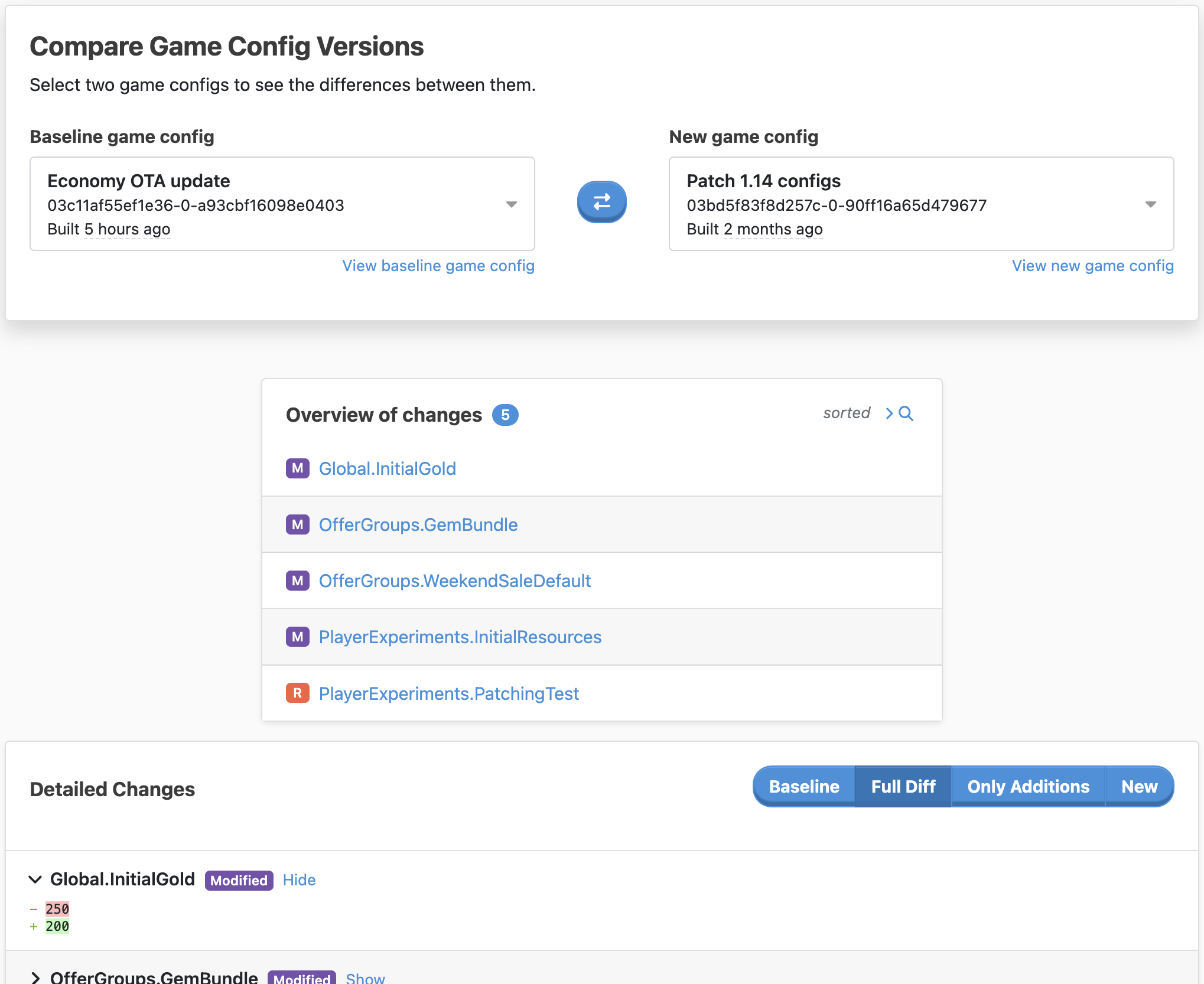 The difference between the two Game Configs is shown in a git-like "diff" view.