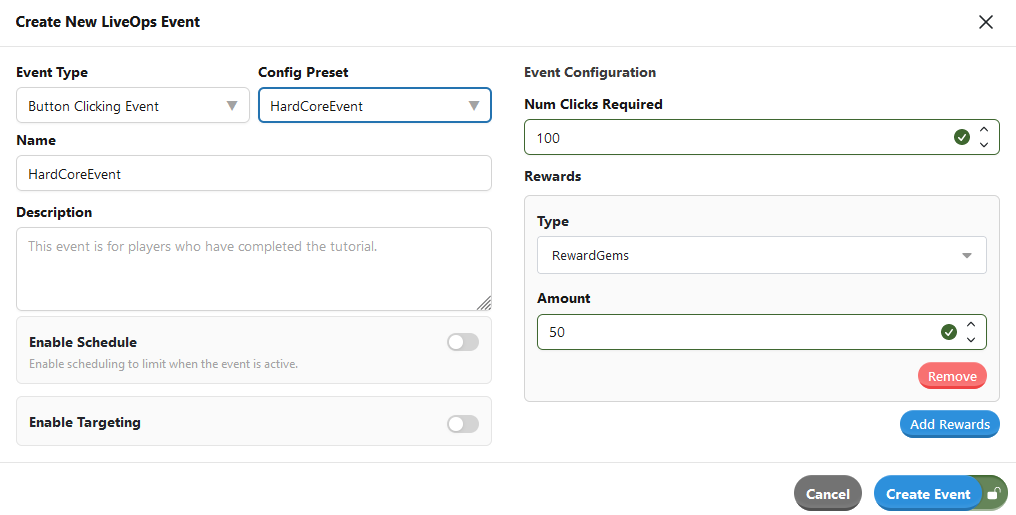 Presets in the event creation form for our ButtonClickingEvent.