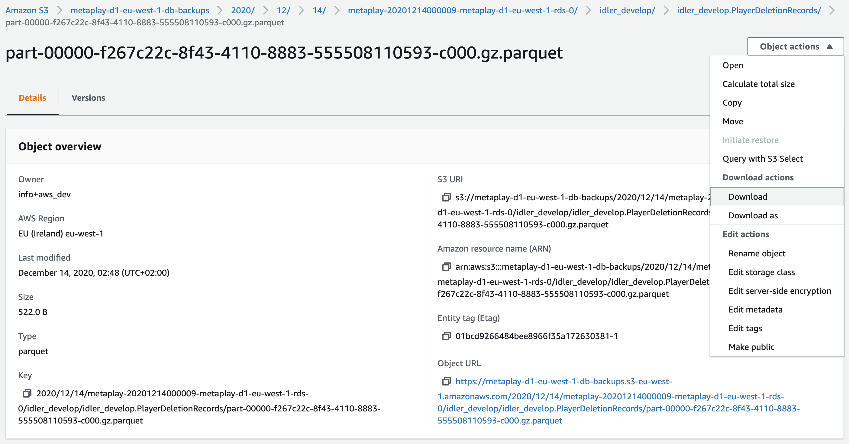 Finally, we can download the delete log snapshot file.