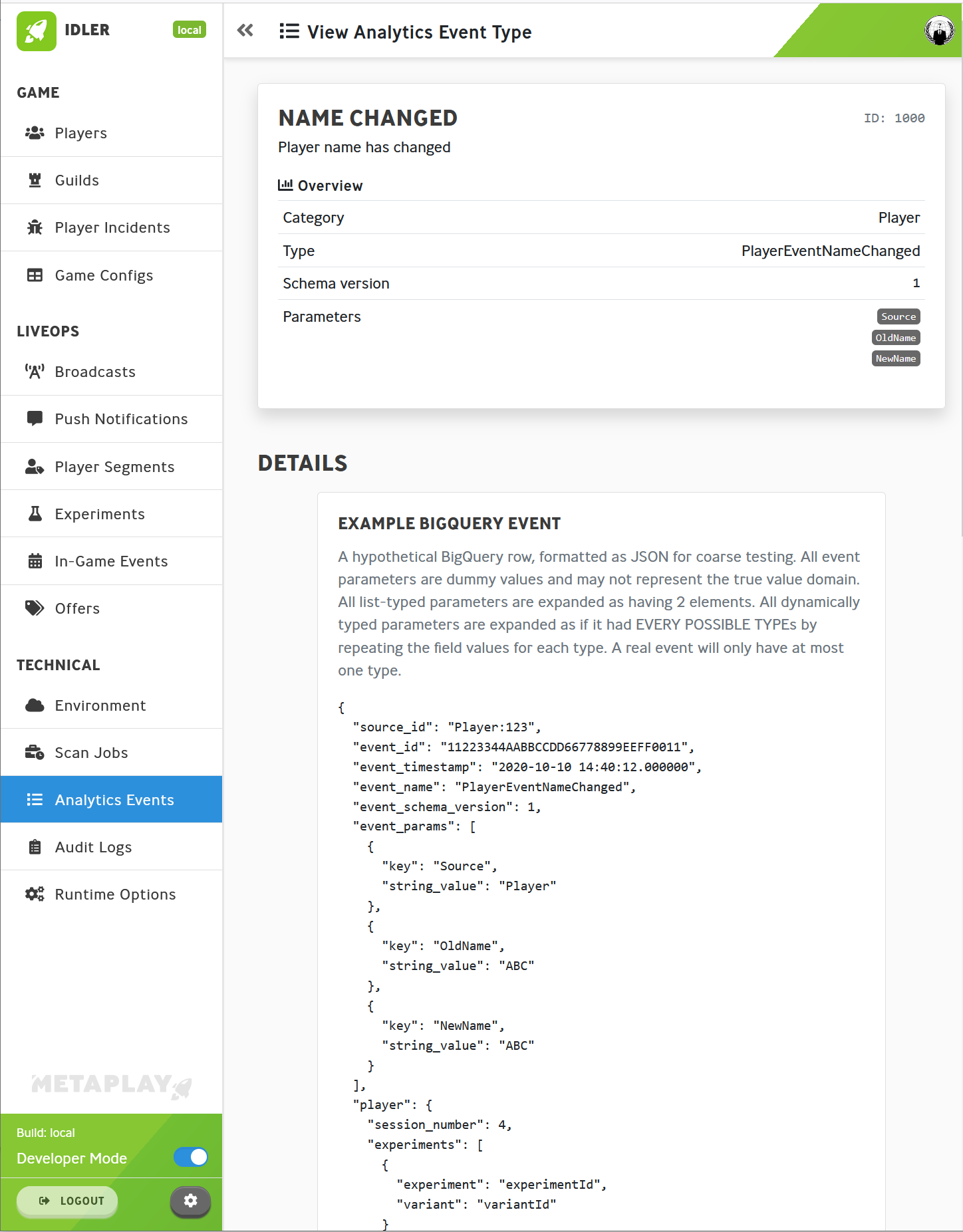 Analytics Event detail page showing JSONification of an example BigQuery event.