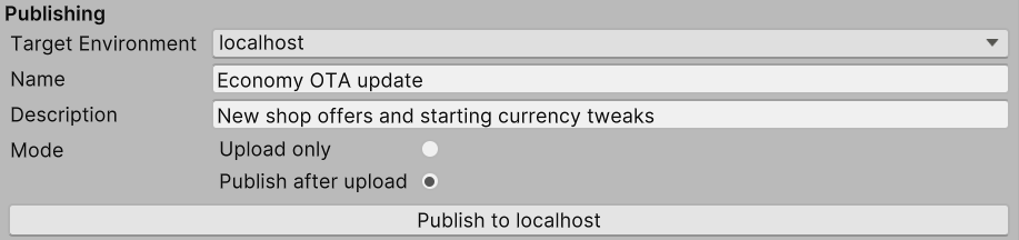 Publish automatically uploads the game config to the selected environment.
