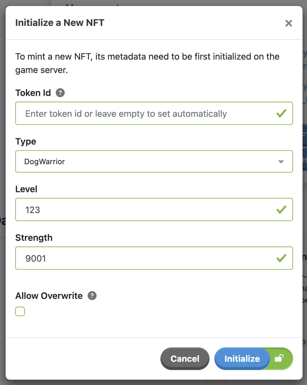 Enter the properties you would like the NFT instance to have when it is created.