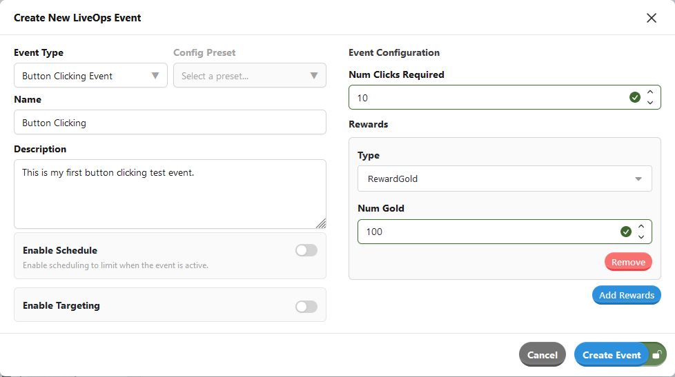 The LiveOps Event creation form, populated with example values.