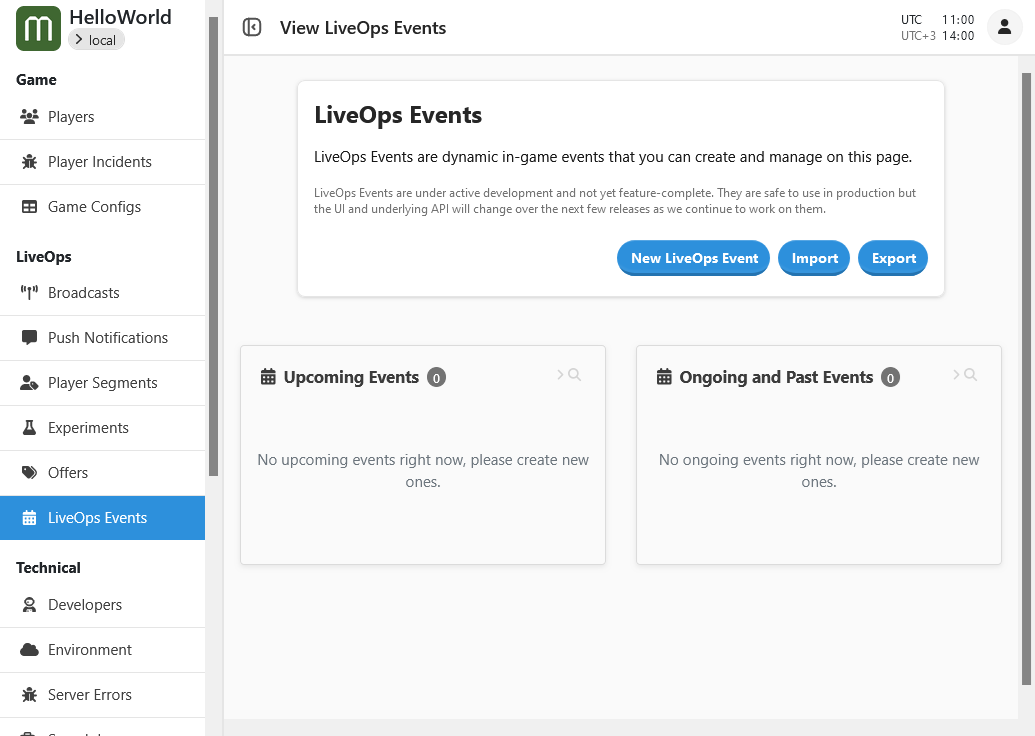 The LiveOps Events main page, with empty lists initially.