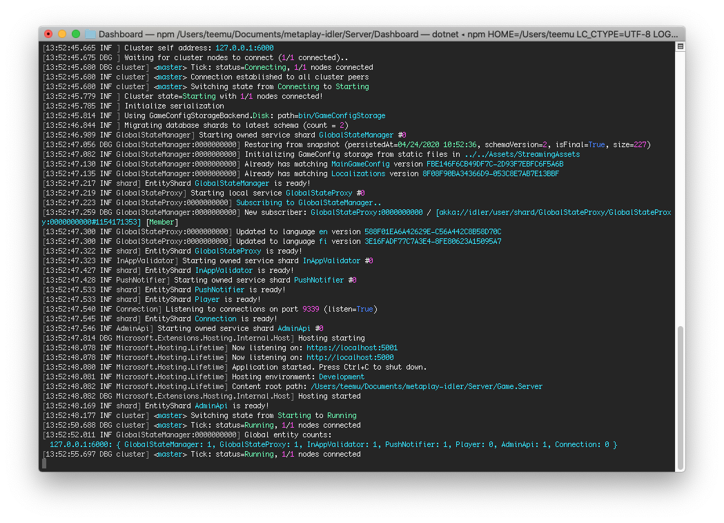 Local Game Backend logs in a terminal window.