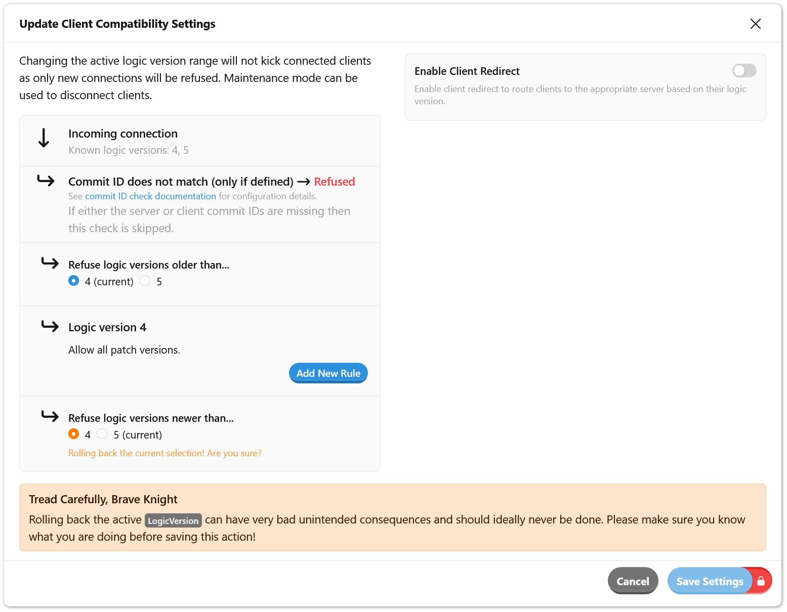 The Client Compatibility Settings dialog, where you set Refuse logic versions newer than back to .