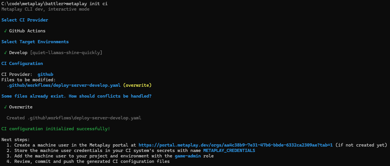 The `metaplay init ci` command guides you through generating CI configuration files.