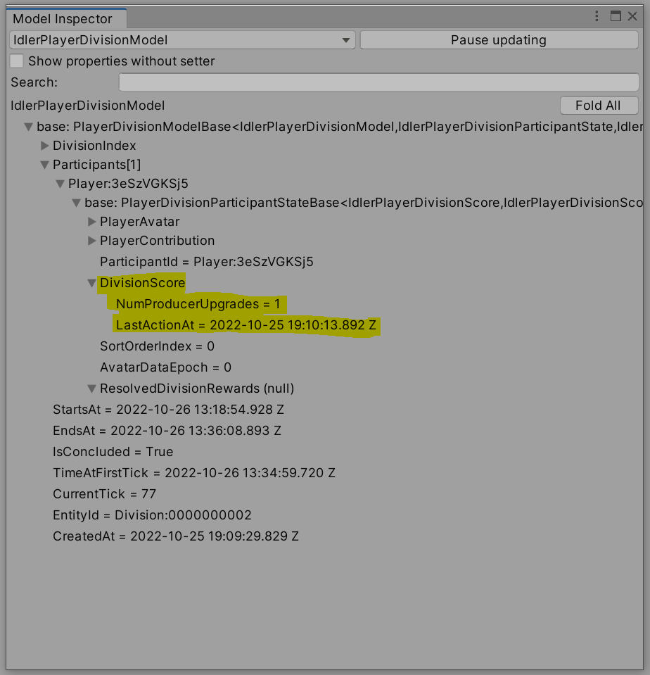 Division participant with one upgrade completed, as seen in Model Inspector.