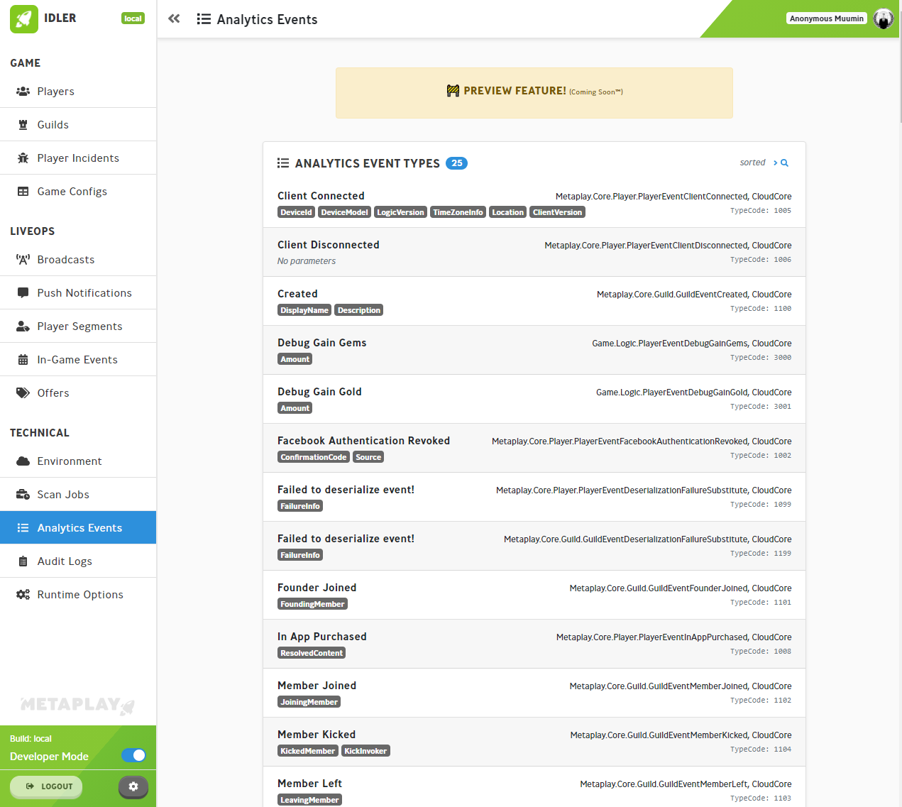 All registered Analytics Events are viewable in the dashboard.