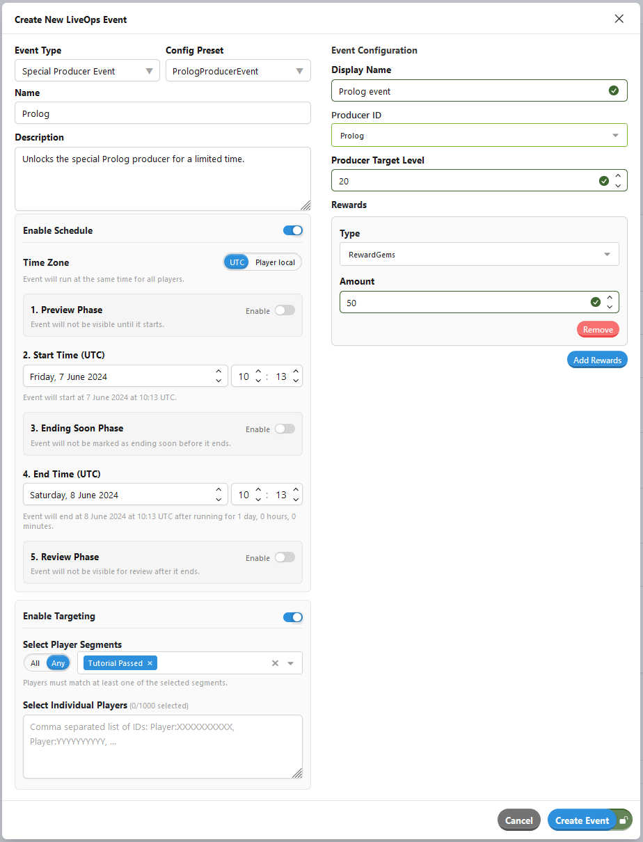 LiveOps Events can be configured directly from the LiveOps Dashboard.