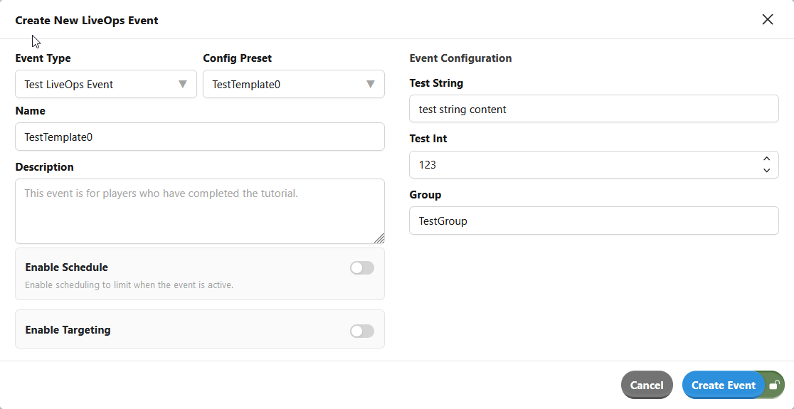 Form to configure Event