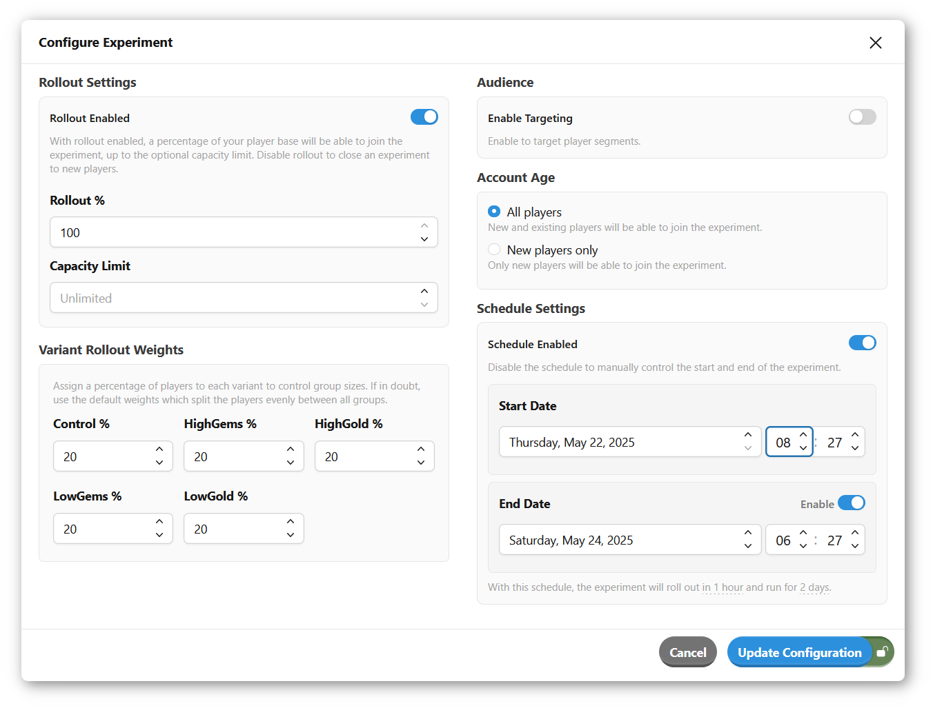 Experiment Configuration with Scheduling