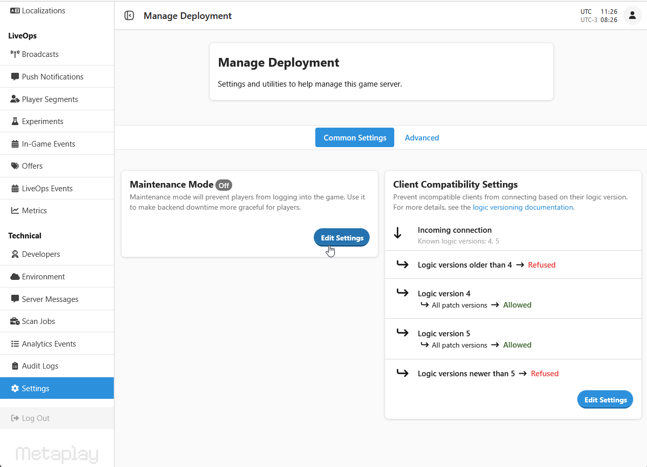 Maintenance mode settings can also be found on the Manage Deployment page.