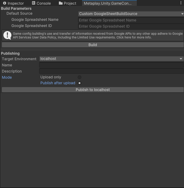 Publish configs menu