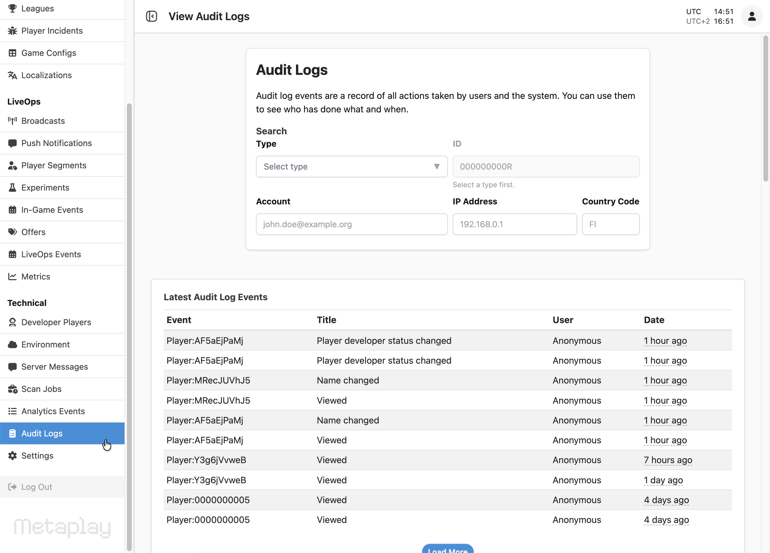 The dashboard has a dedicated page for browsing audit logs.