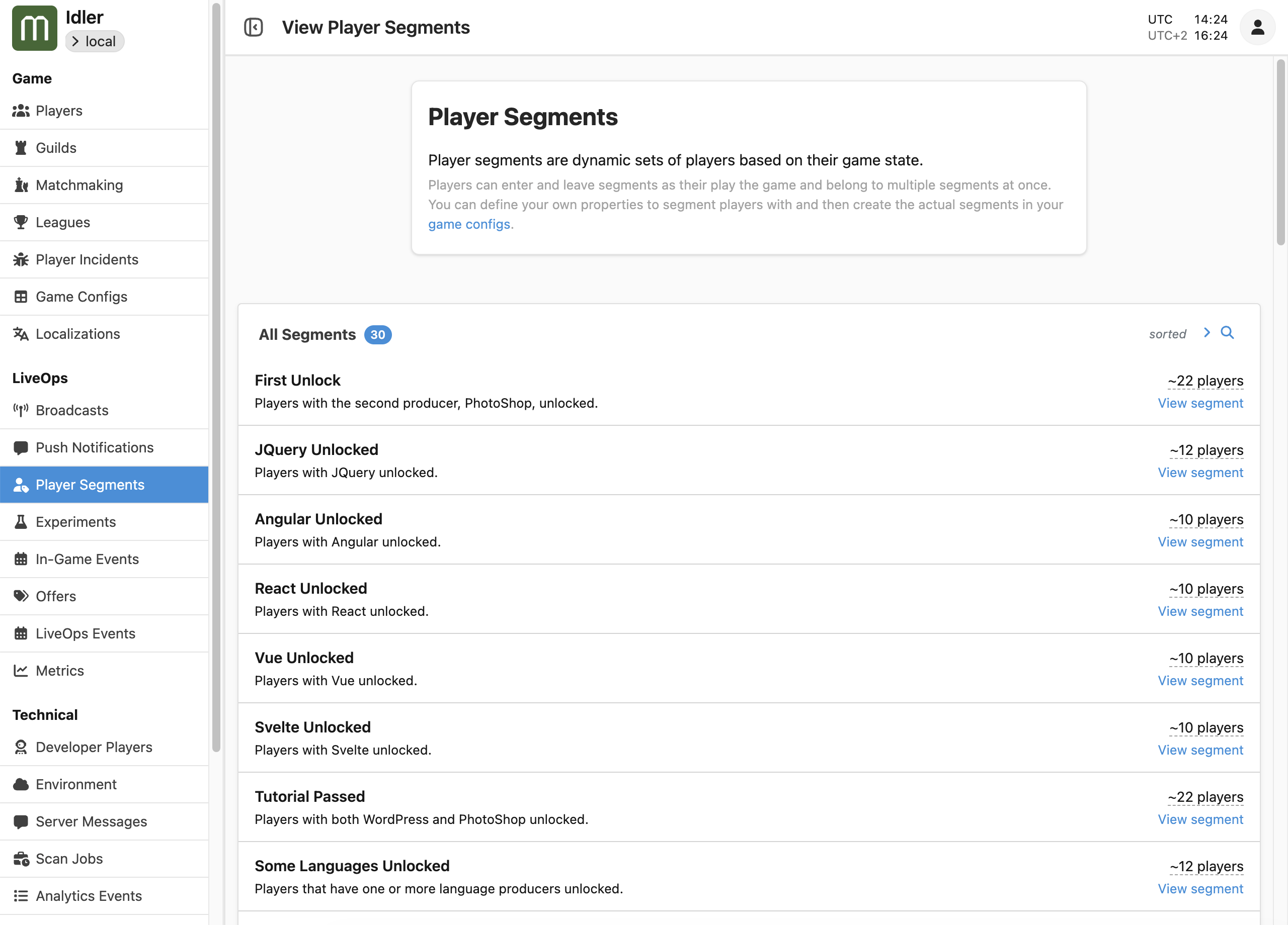 Our defined segment is now listed in the Live-Ops Dashboard. Notice the player count!