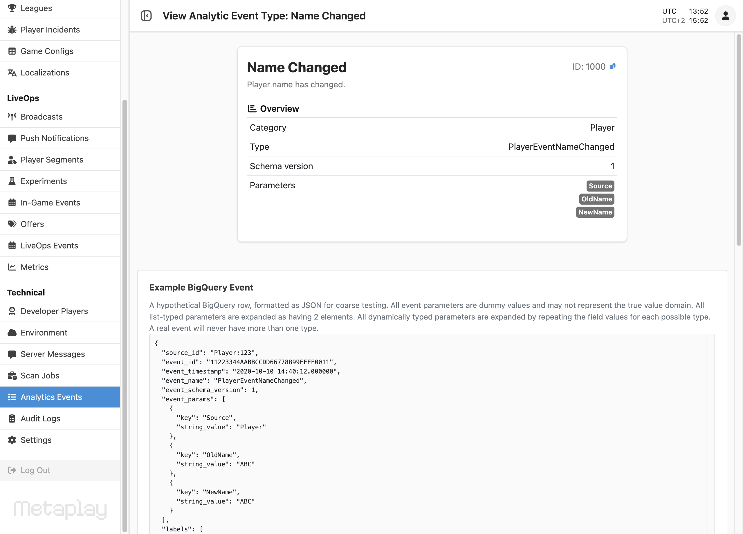 Analytics Event detail page showing JSONification of an example BigQuery event.