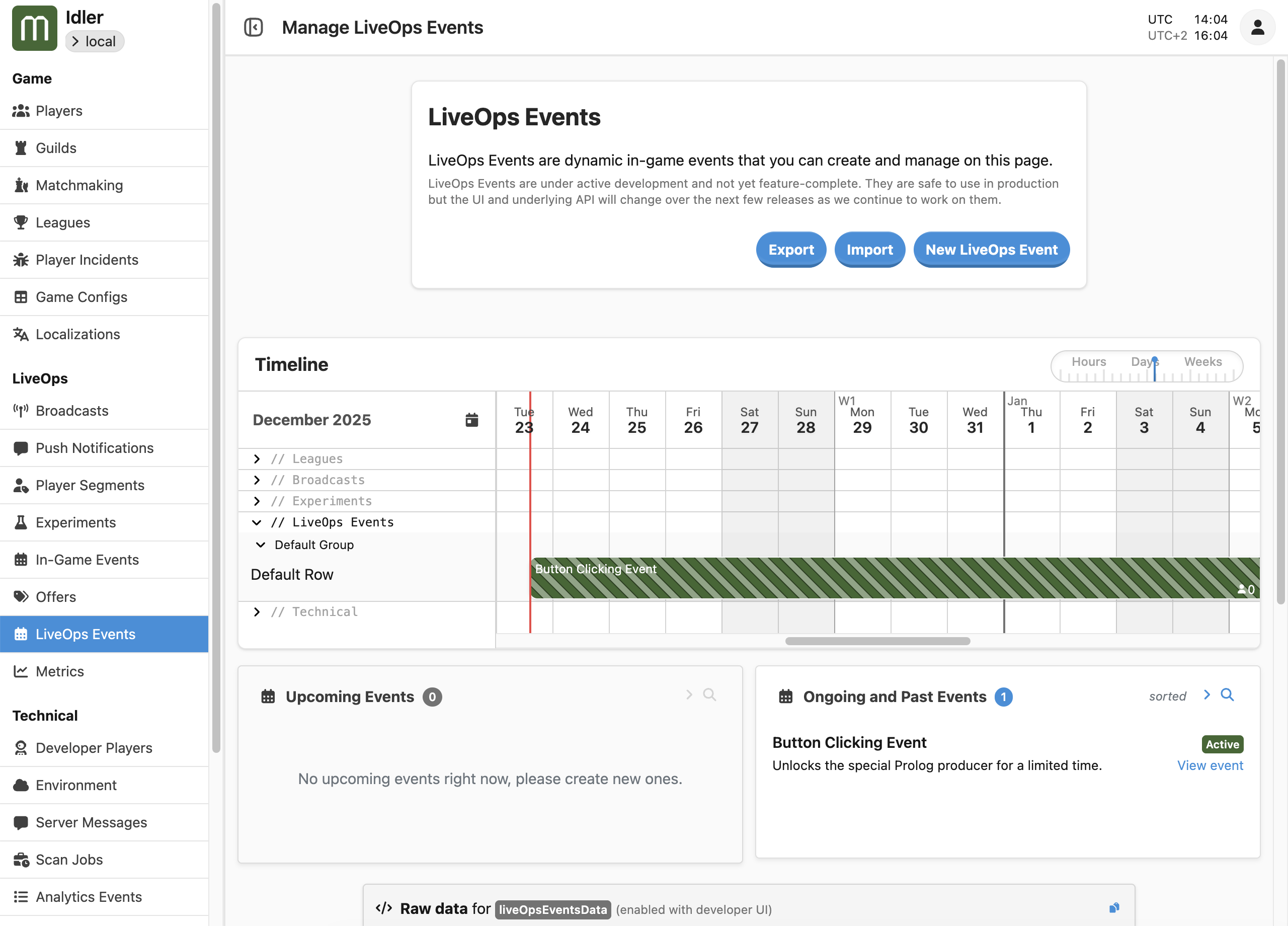 The LiveOps Events main page. The Event we just created is shown in the list of ongoing events.