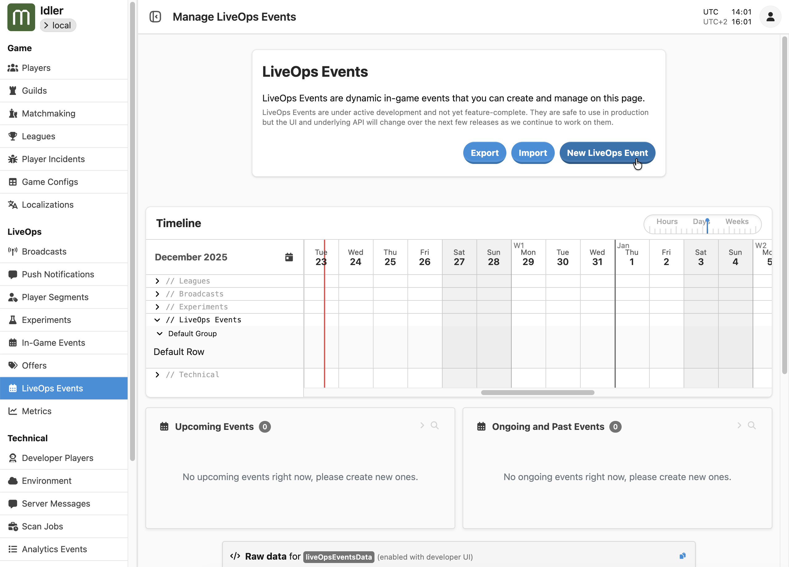 The LiveOps Events main page, with empty lists initially.