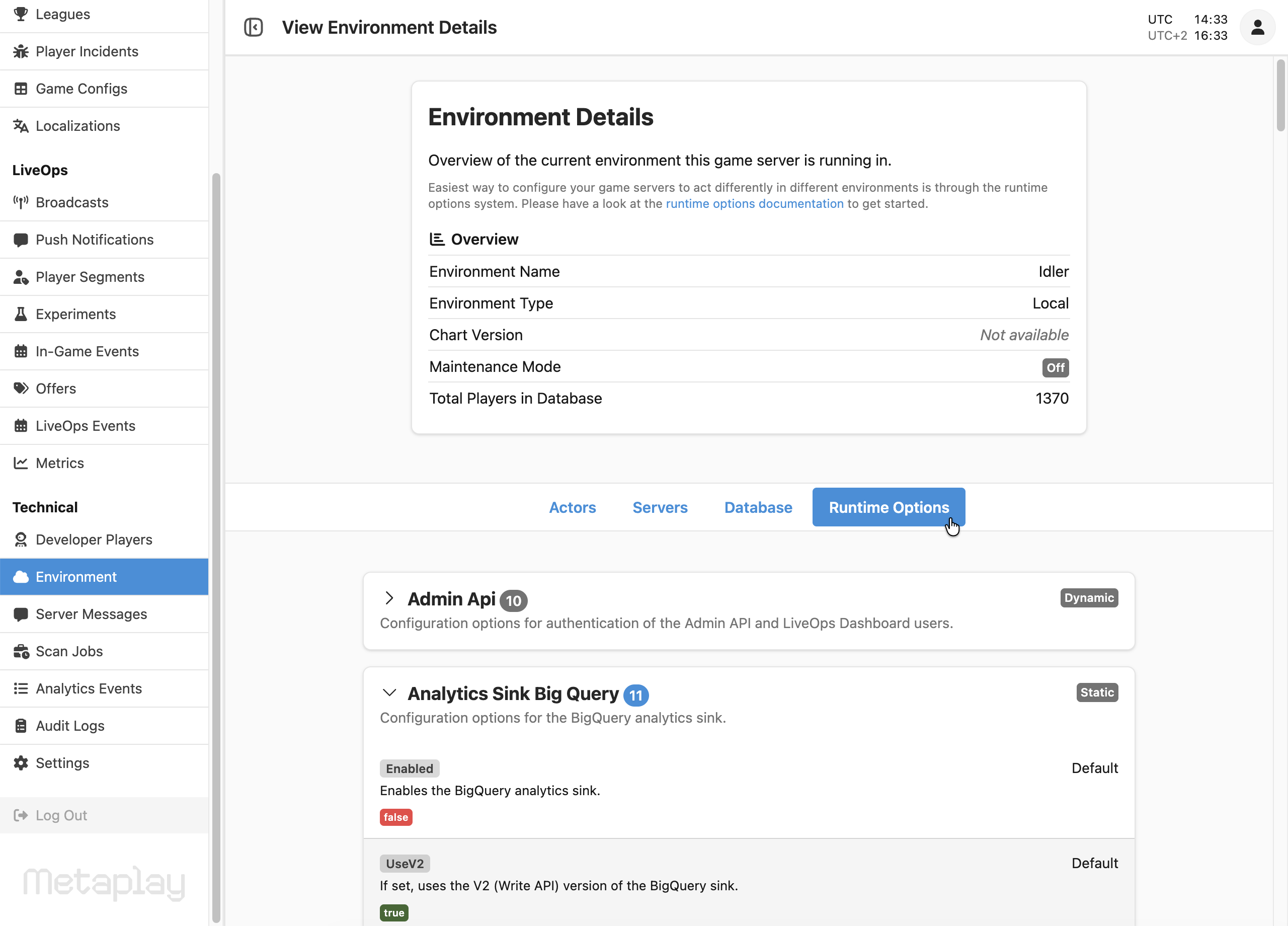 You can find the Runtime options in the last tab of the Environment page on the LiveOps Dashboard. Note the descriptions that we talked about earlier.