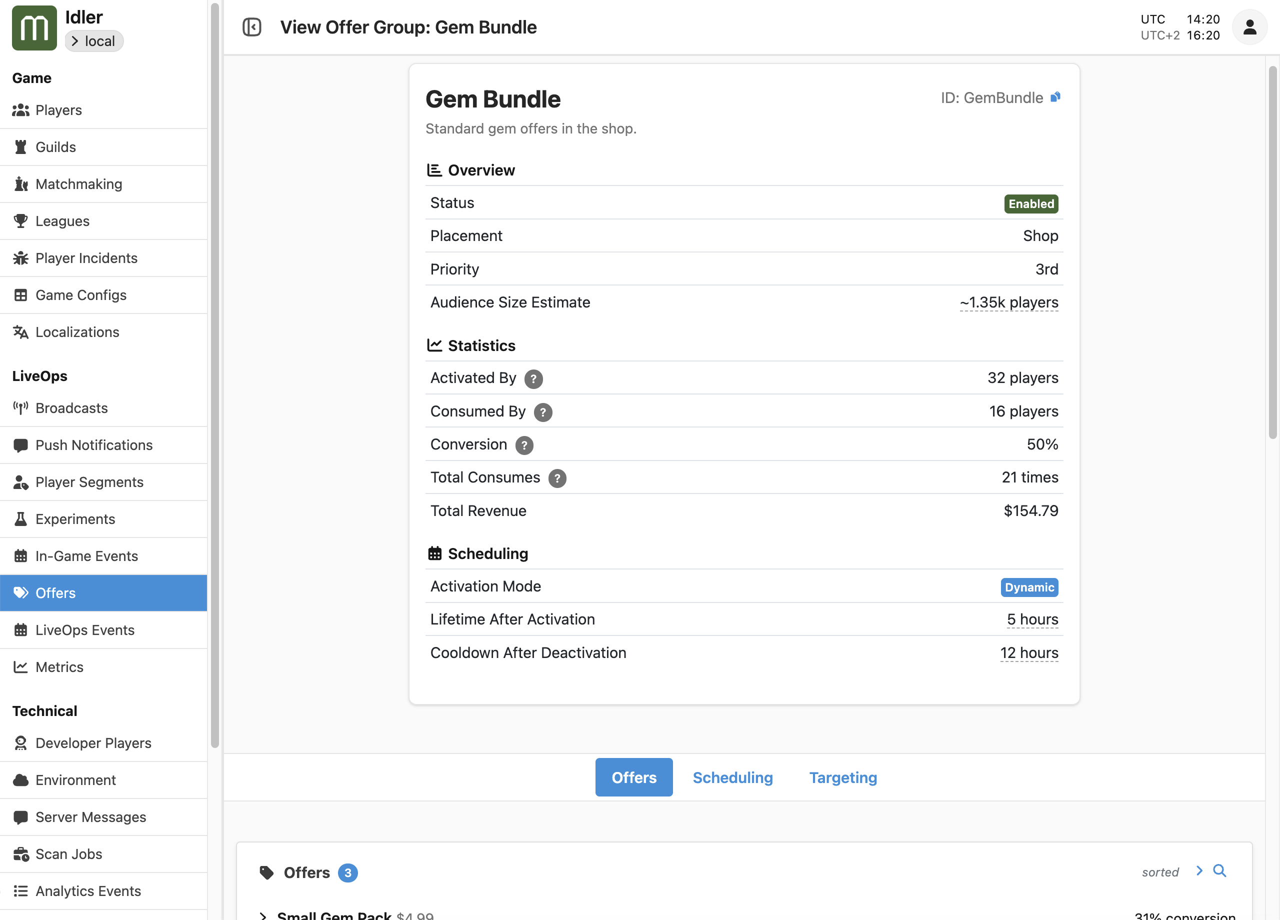 This page shows not only the configuration of the Offer Group, but also runtime information such as the number of players that have actually seen the Offer Group.