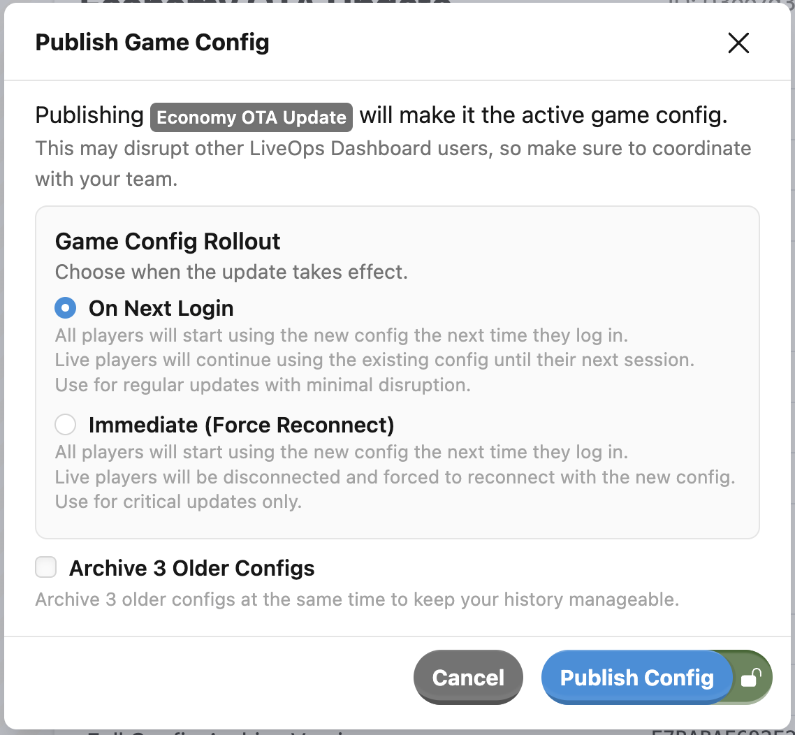 Publish a config to push it out to players.