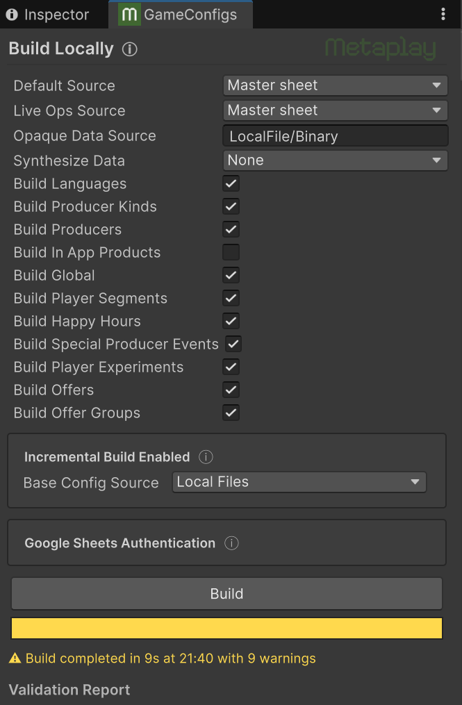 The redesigned GameConfig Build Window showing build parameters, incremental build options, build results with validation report, and deploy section.