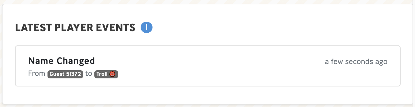 A "name changed" event inside a players details in the LiveOps Dashboard.