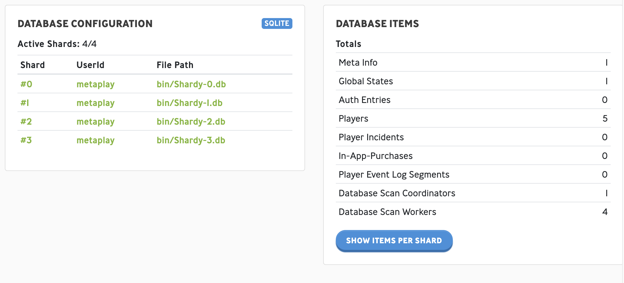 Shard configuration of a locally running development server as seen in the LiveOps Dashboard.