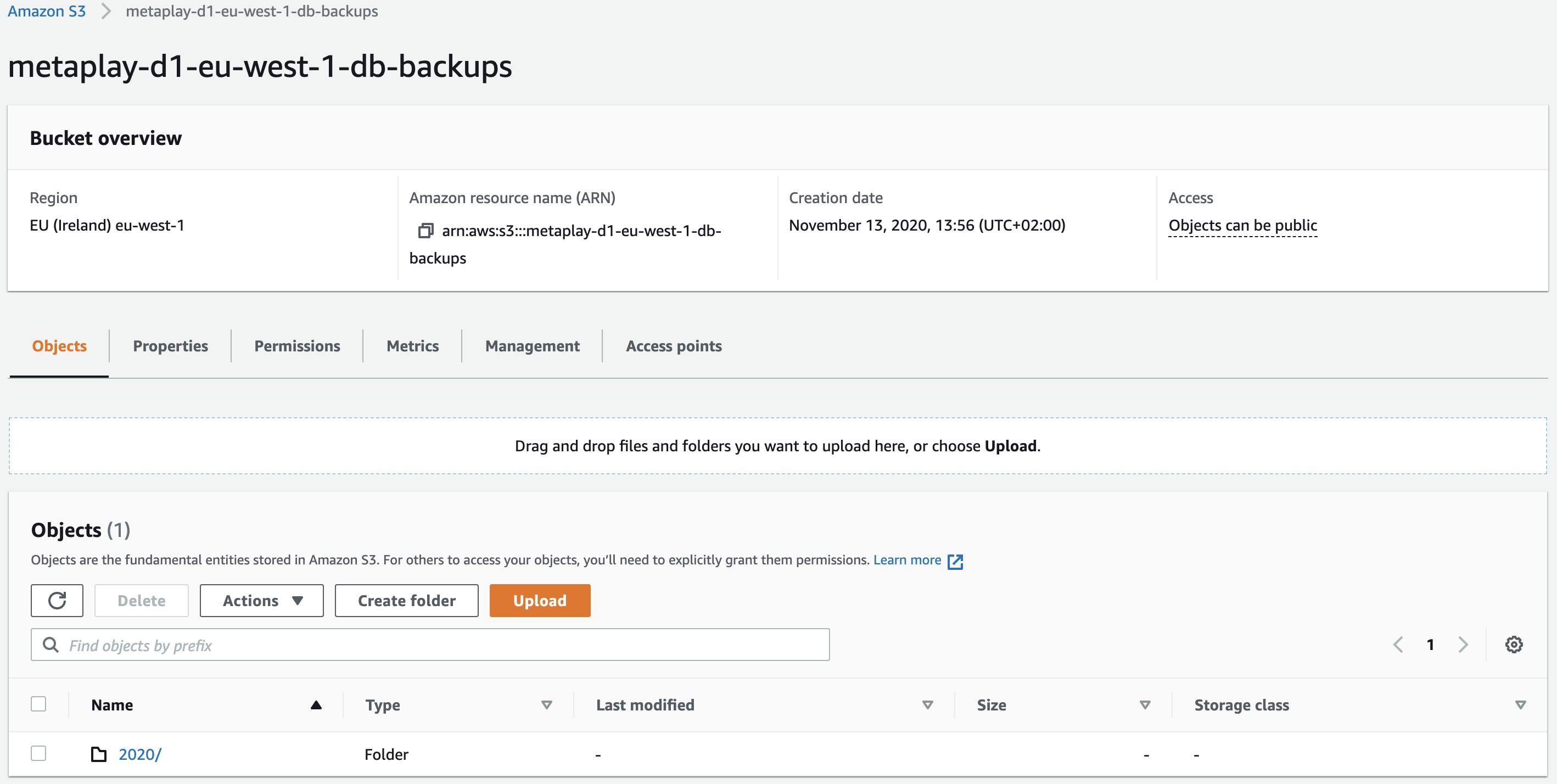 In these examples, we are using metaplay-d1, which is deployed in the eu-west-1 AWS region. The full name of the database snapshots folder in S3 will therefore be metaplay-d1-eu-west-1-db-backups.