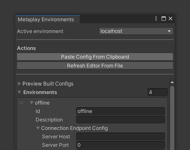 The environment configs editor window.