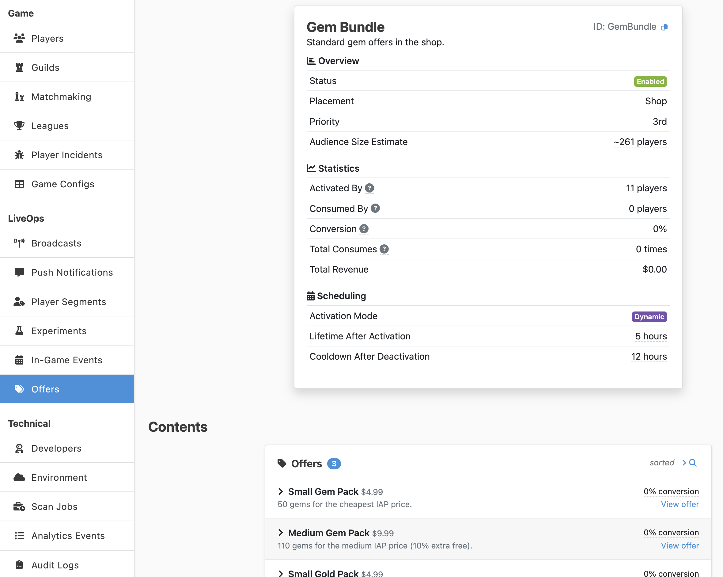 This page shows not only the configuration of the Offer Group, but also runtime information such as the number of players that have actually seen the Offer Group.