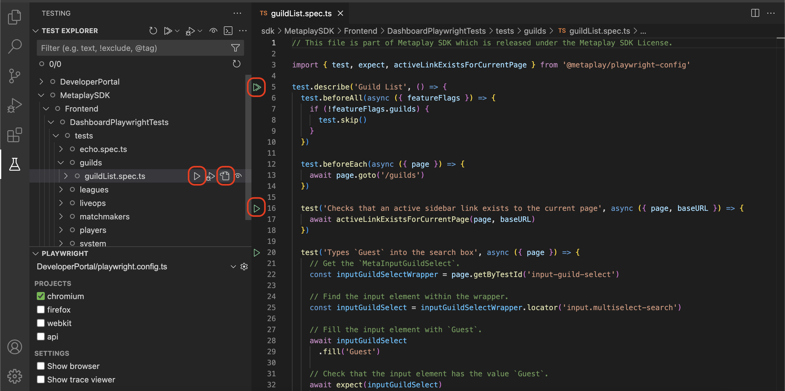 Run tests from the explorer or directly from within files.